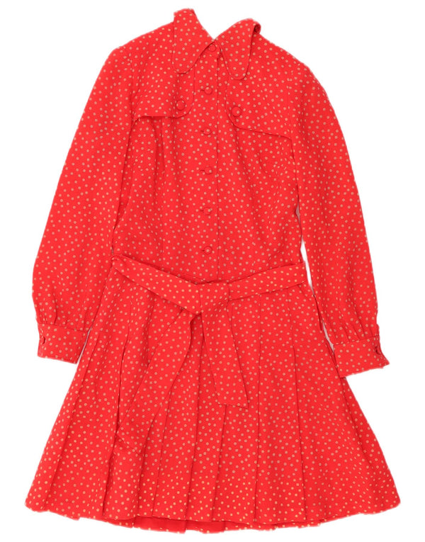 VINTAGE ženska haljina A-kroja dugih rukava UK 12 srednje crvene točkice