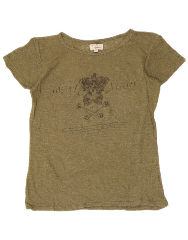 Zara ženska majica kratkih rukava Trafaluc Graphic Top UK 10 Small kaki