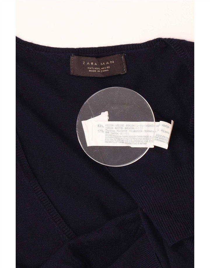 Zara muški džemper s V-izrezom Veliki tamnoplavi viskozni pulover