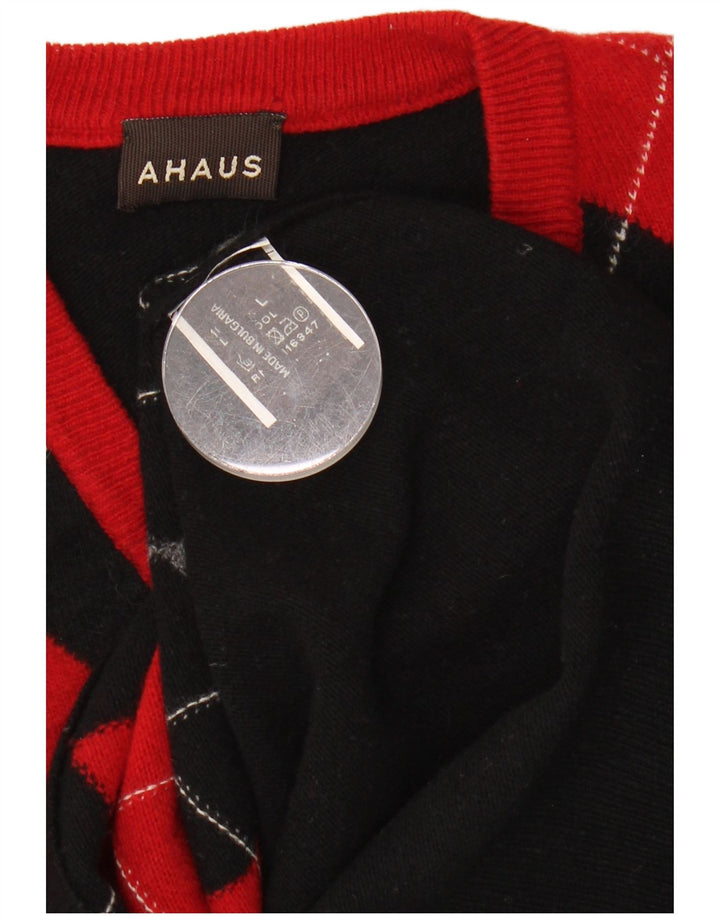 AHAUS Mens V-Neck Jumper Sweater Large Black Argyle/Diamond Wool