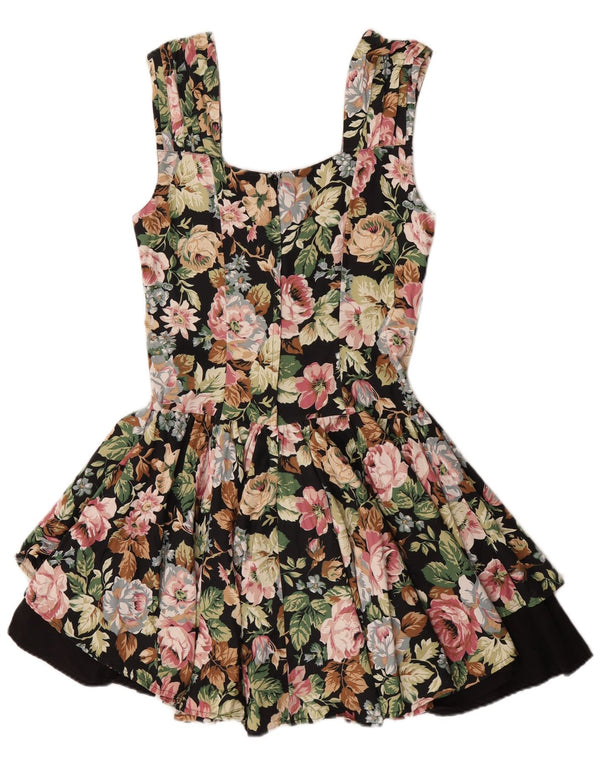 Vintage ženska okretna haljina bez rukava UK 12 Srednje crni cvjetni pamuk