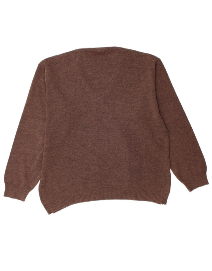 BERNARDINI Mens V-Neck Jumper Sweater Medium Brown Geometric Wool
