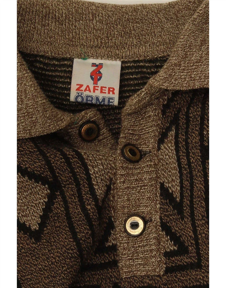Vintage muški džemper s polo ovratnikom srednje smeđe geometrijske boje