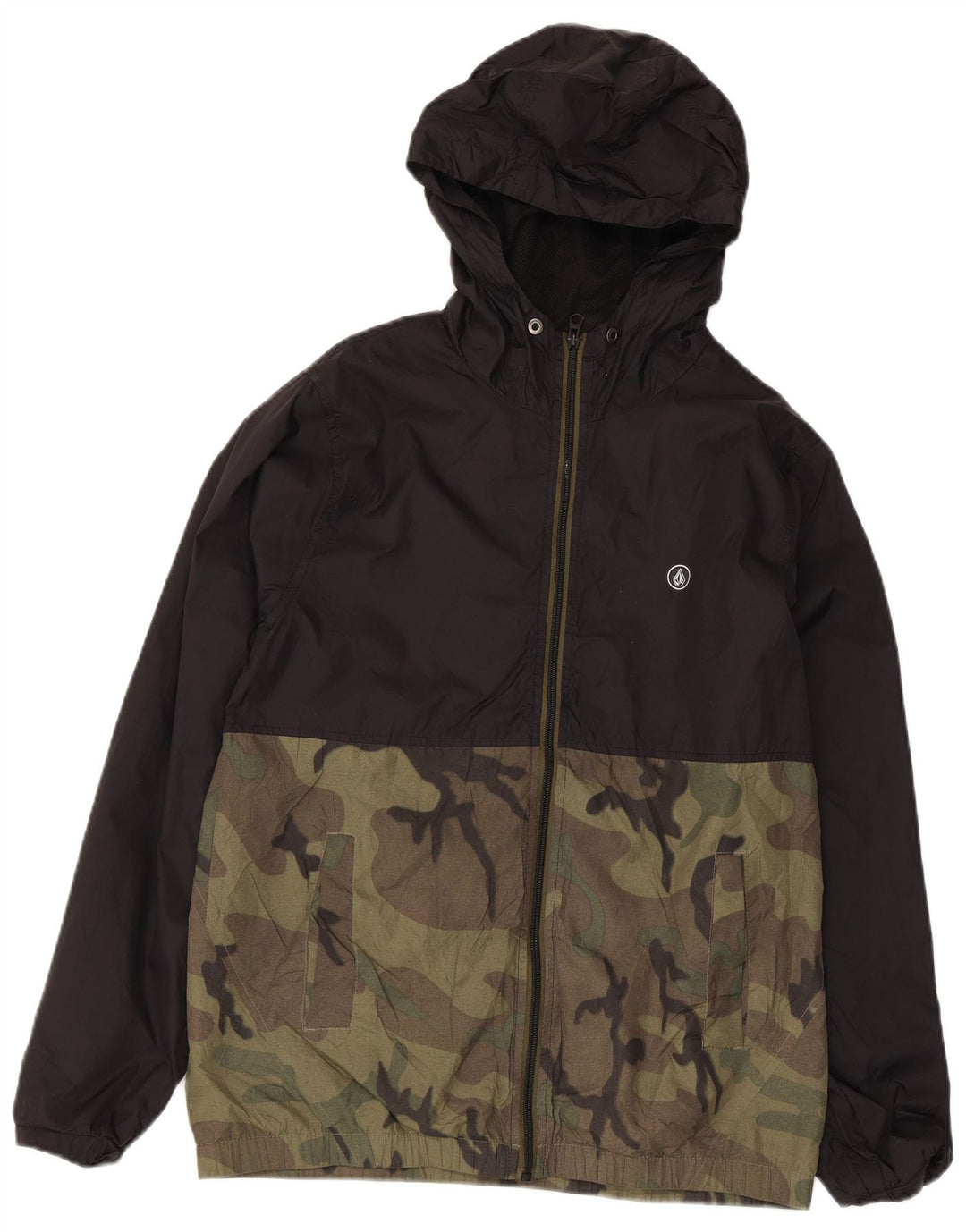 Volcom muška kišna jakna s kapuljačom UK 36 Mala crna kamuflažna najlonska jakna