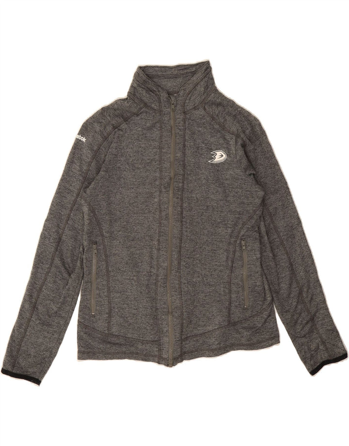REEBOK Womens Graphic Tracksuit Top Jacket UK 14 Large Grey Flecked Vintage Reebok and Second-Hand Reebok from Messina Hembry 
