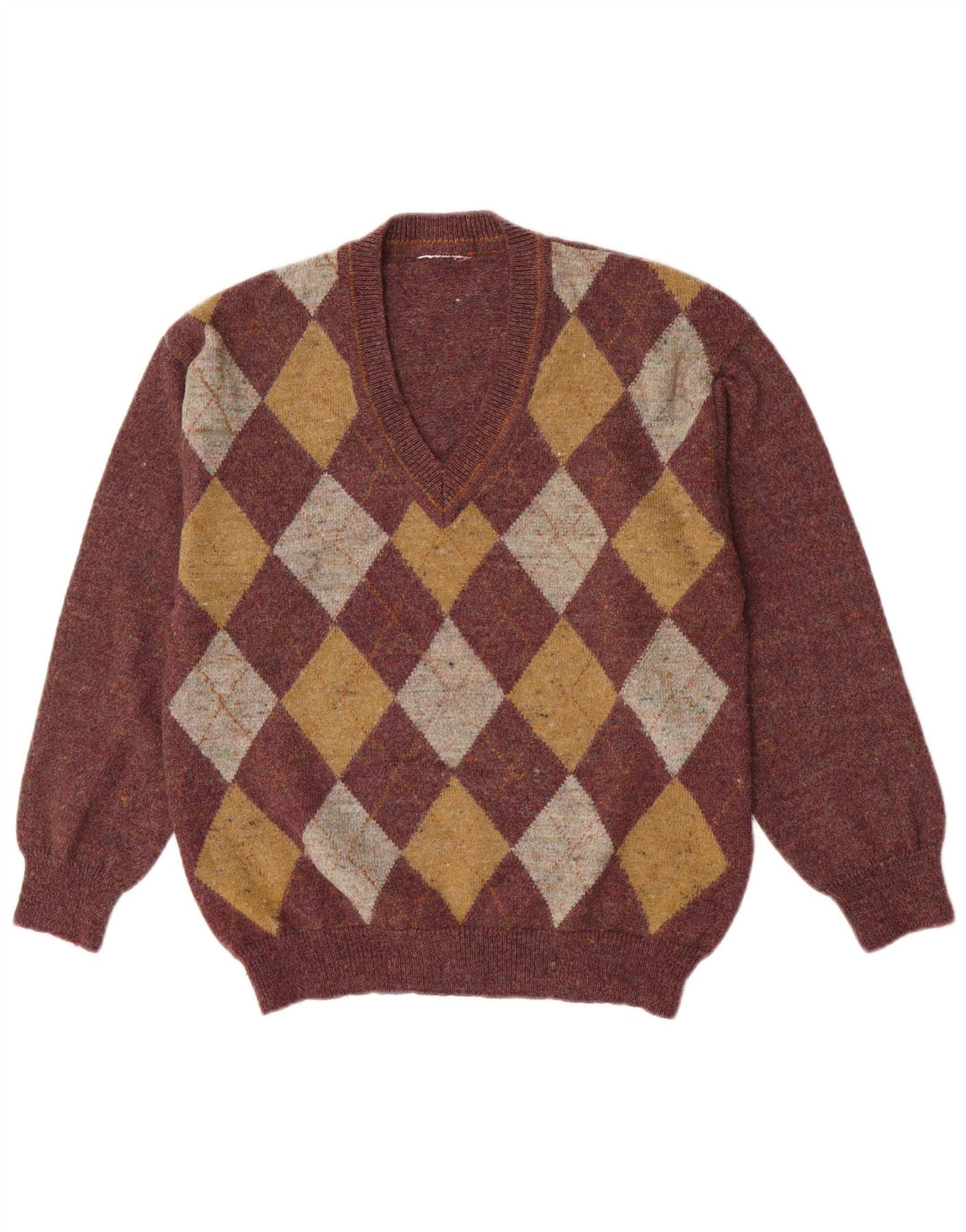 Vintage muški džemper s V-izrezom, srednja veličina, bordo argyle/dijamantni uzorak