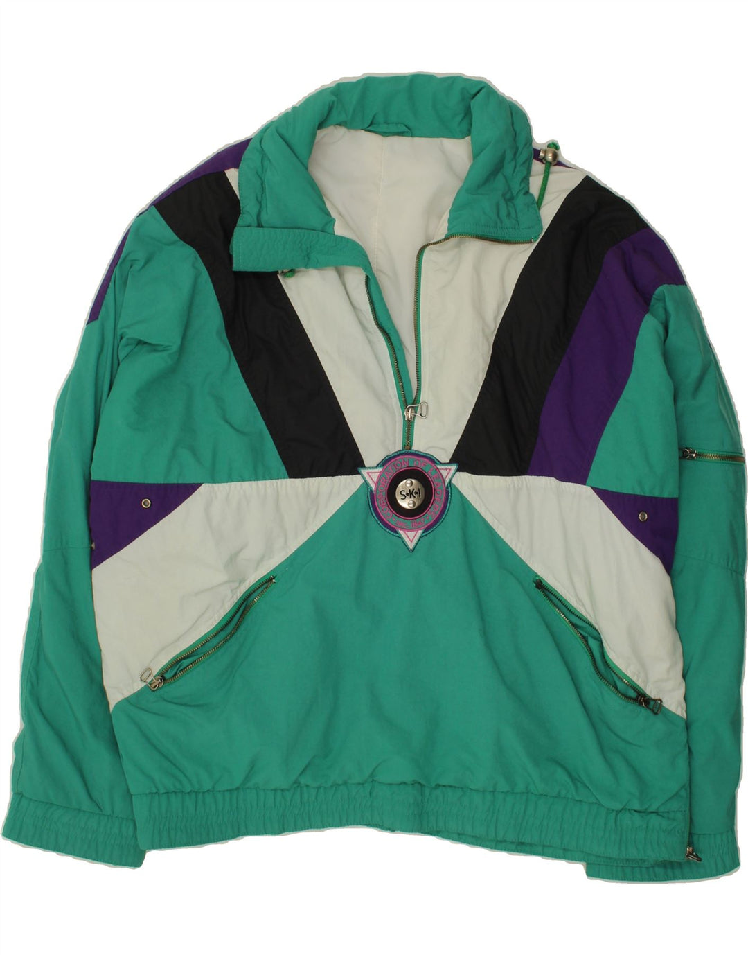 VINTAGE Womens Pullover Ski Jacket UK 18 XL Green Colourblock Polyester Vintage Vintage and Second-Hand Vintage from Messina Hembry 