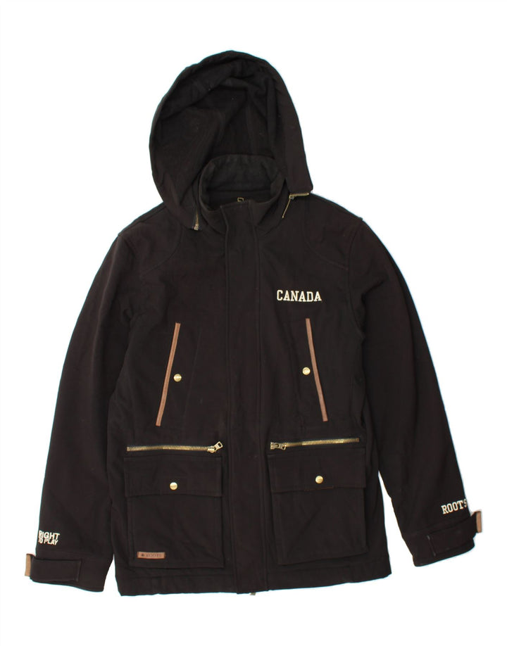 ROOTS CANADA Mens Hooded Windbreaker Jacket UK 38 Medium Black Polyester Vintage Roots canada and Second-Hand Roots canada from Messina Hembry 