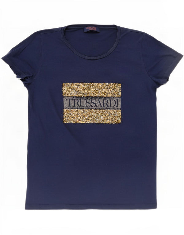 Trussardi Jeans Ženska grafička majica kratkih rukava UK 16 Veliki mornarsko plavi pamuk