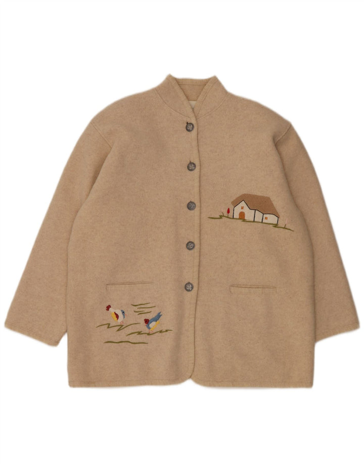 VINTAGE Ženska jakna sa 5 gumba sa grafikom UK 14 Velika bež