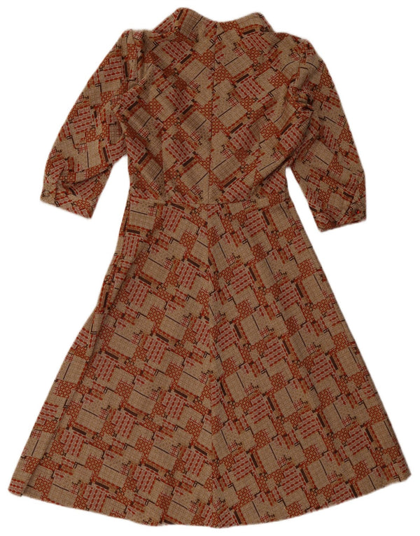 Vintage ženska haljina A kroja 3/4 rukava UK 10 Mala smeđa geometrijska haljina