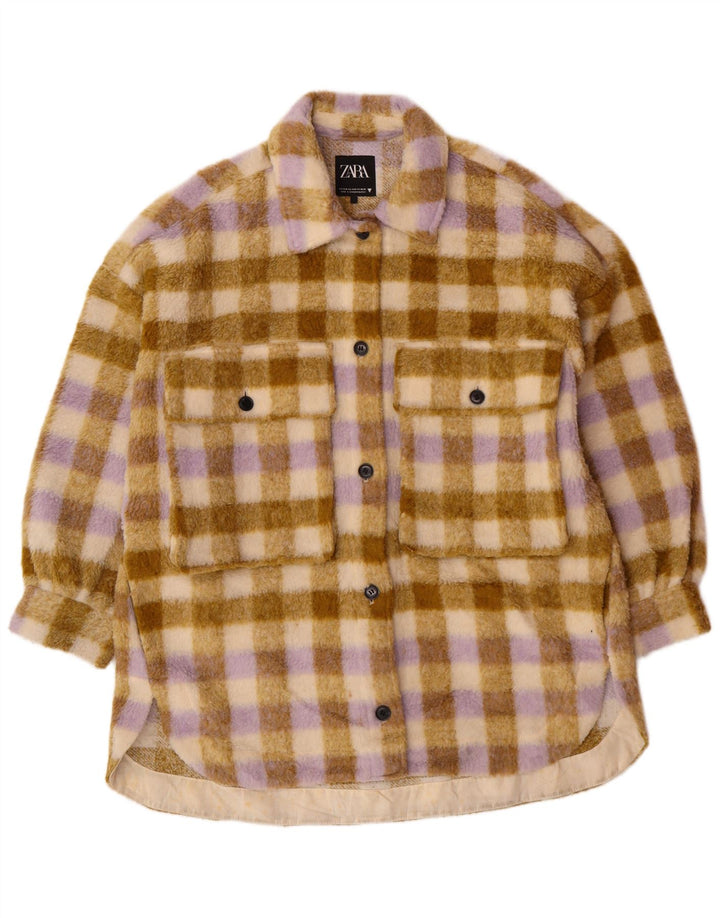 Zara ženska prevelika jakna od flisa UK 10 Mala bež karirana poliester