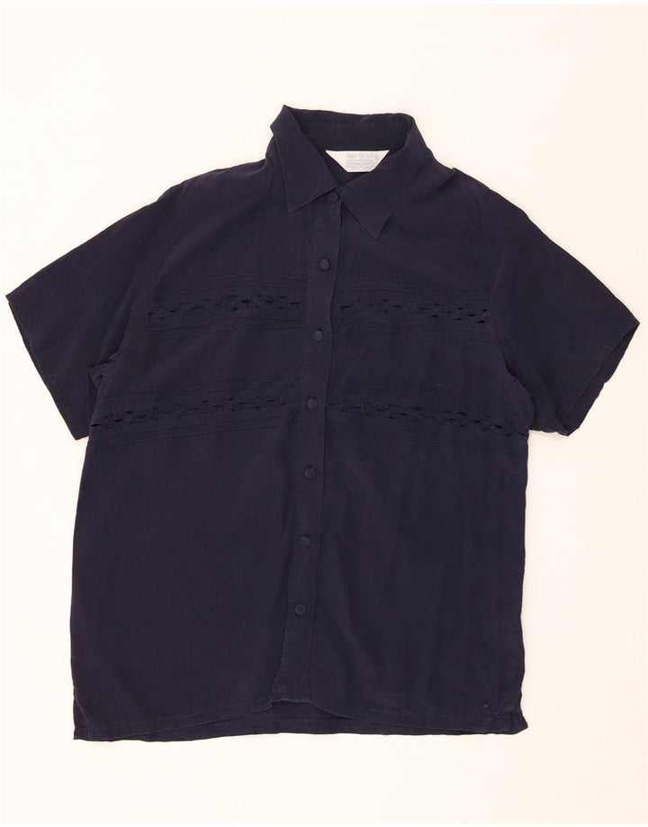 COOCOON Womens Short Sleeve Shirt Blouse UK 16 Large Navy Blue Silk