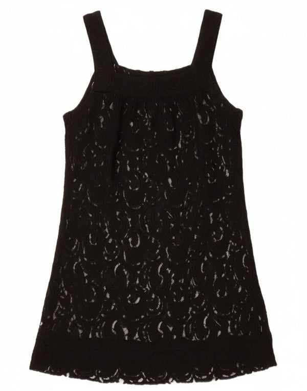 VINTAGE ženska prozirna tunika bez rukava UK 12 srednje crna cvjetna