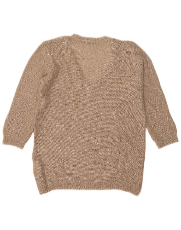 Zara Womens 3/4 Sleeve V-Neck Jumper Sweater UK 16 Large Beige Polyester