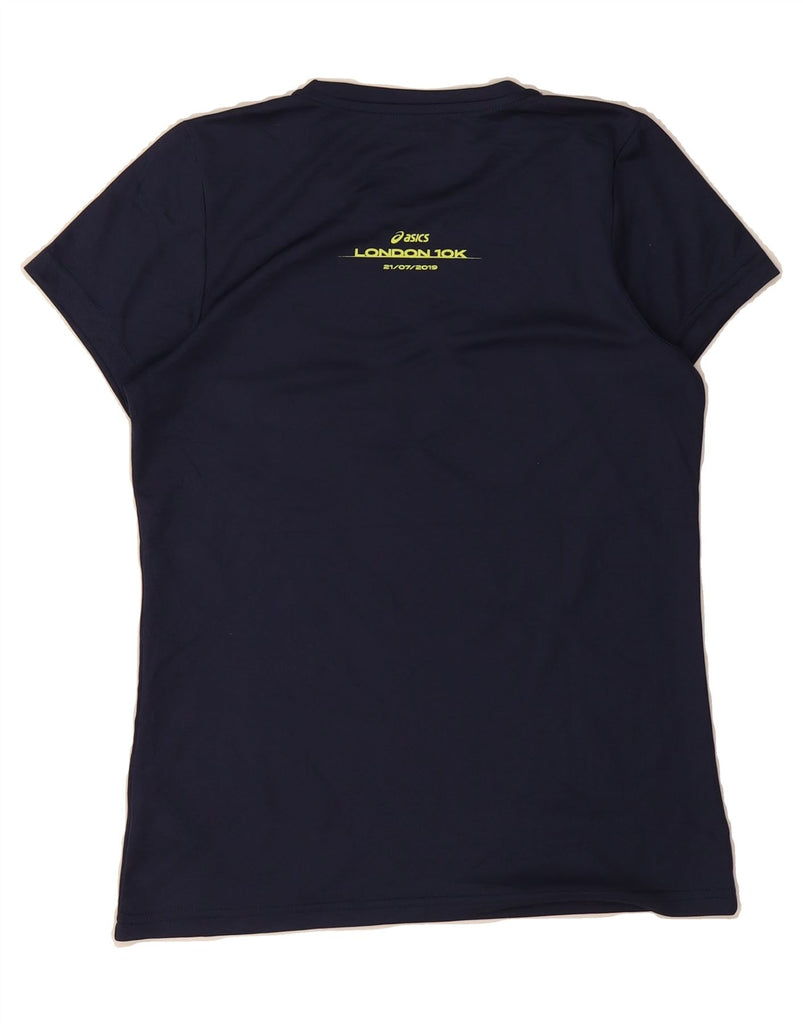 ASICS Womens Graphic T-Shirt Top UK 10 Small Navy Blue Polyester Vintage Asics and Second-Hand Asics from Messina Hembry 