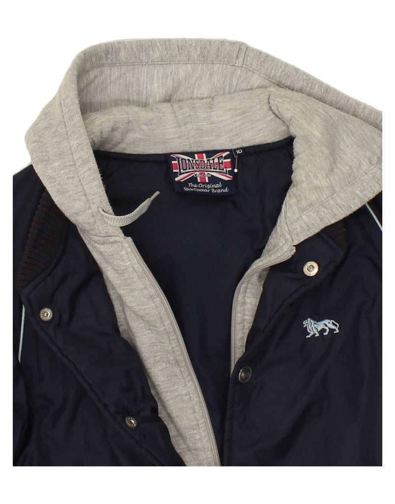 LONSDALE Boys Graphic Hooded Bomber Jacket 9-10 Years Navy Blue Vintage Lonsdale and Second-Hand Lonsdale from Messina Hembry 
