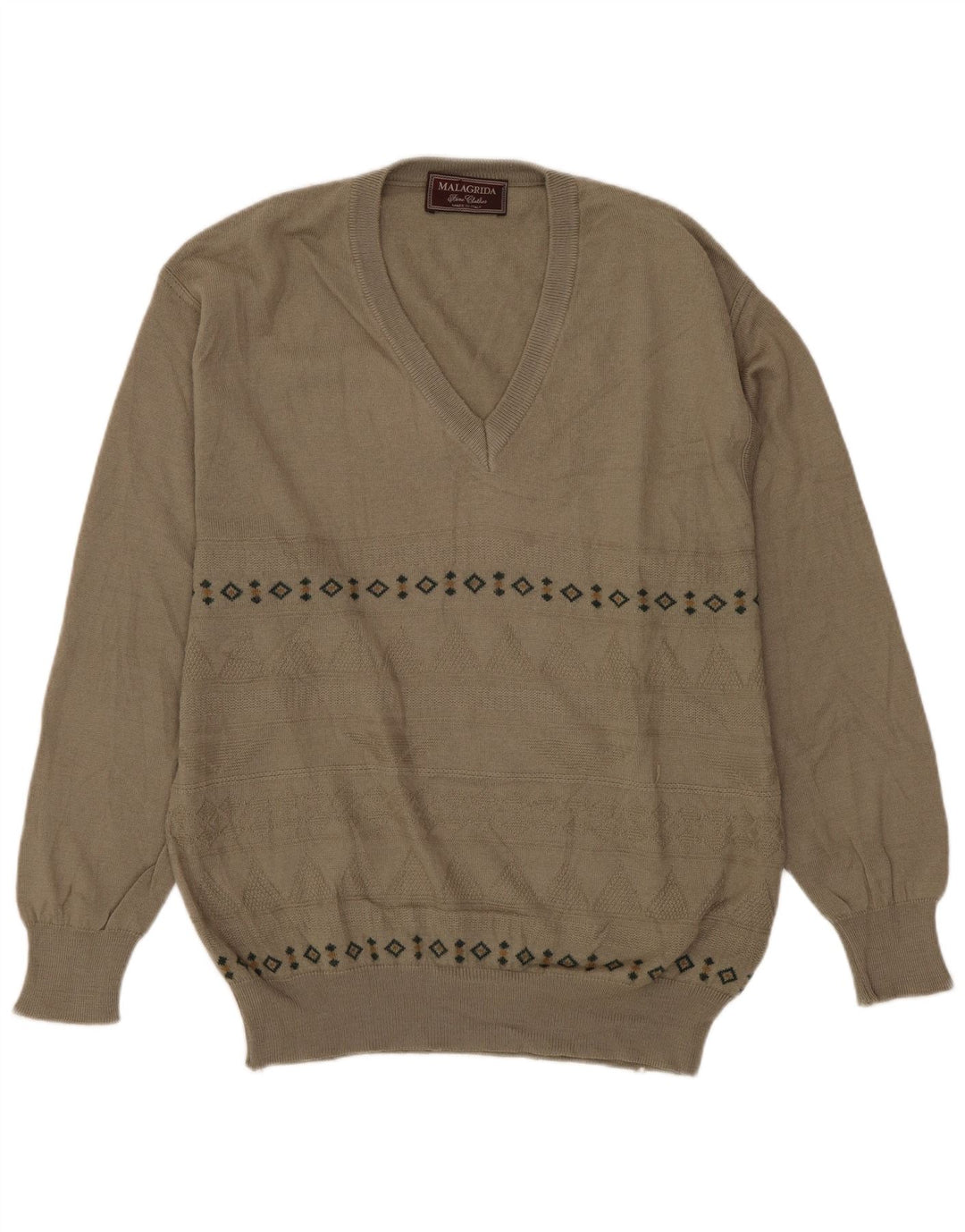 MALAGRIDA Muški džemper s V-izrezom srednje sive geometrijske vune