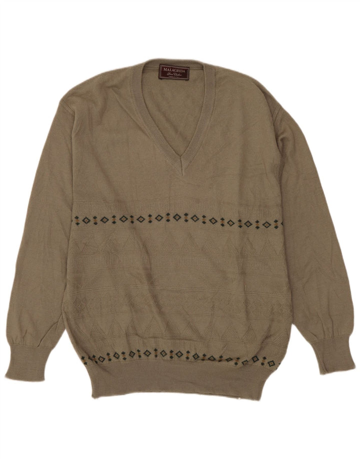 MALAGRIDA Muški džemper s V-izrezom srednje sive geometrijske vune