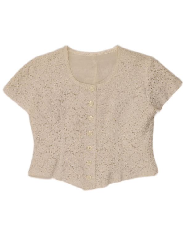 VINTAGE Ženska skraćena košulja bluza kratkih rukava IT 46 Large Off White Floral