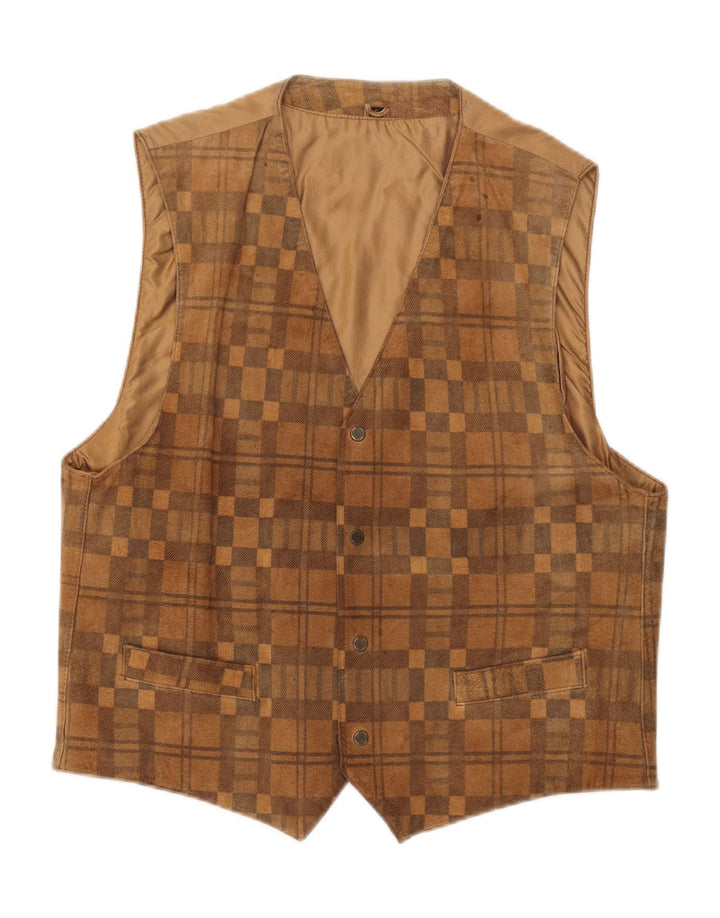 VINTAGE Mens Suede Waistcoat Small Brown Check Leather Vintage Vintage and Second-Hand Vintage from Messina Hembry 