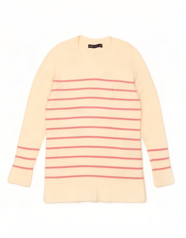 Marks & Spencer ženski džemper s V-izrezom UK 10 Small off white prugasti