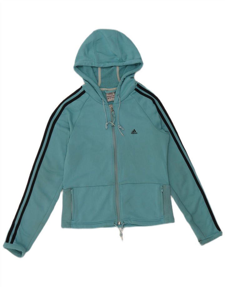 ADIDAS ženski kratki pulover s kapuljačom s patentnim zatvaračem UK 14 srednje plavi poliester
