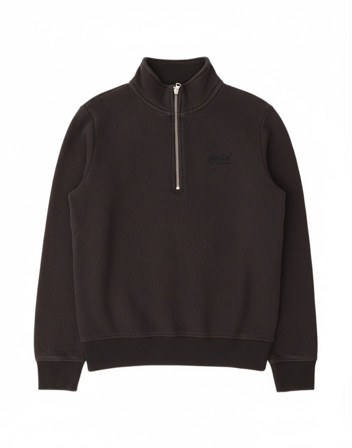 SUPERDRY Mens Zip Neck Sweatshirt Jumper Small Black Cotton
