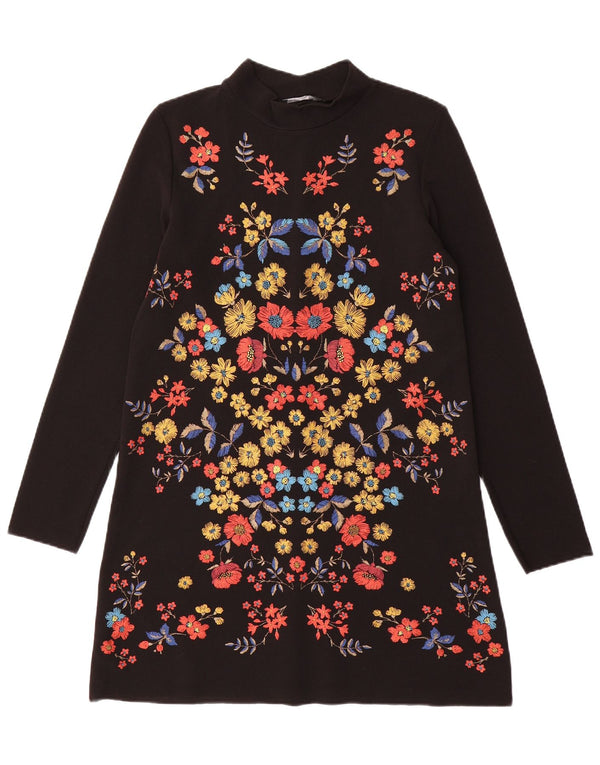 Zara ženska haljina dugih rukava na preklop UK 10 Mala crna cvjetna poliesterska haljina