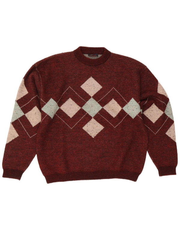 Vintage muški džemper s okruglim izrezom Veliki bordo Argyle/Diamond