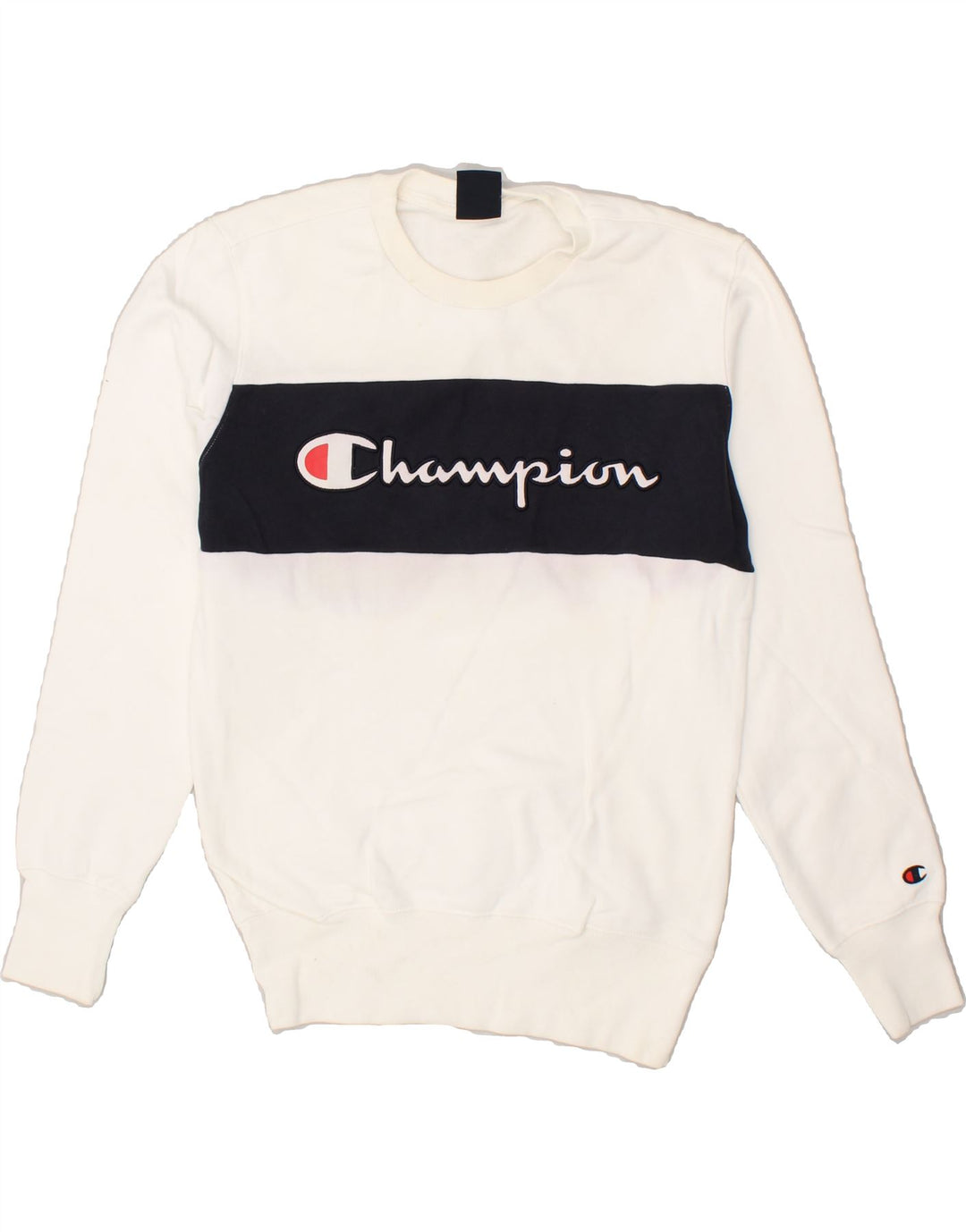 CHAMPION Mens Graphic Sweatshirt Jumper Small White Colourblock Cotton Vintage Champion and Second-Hand Champion from Messina Hembry 
