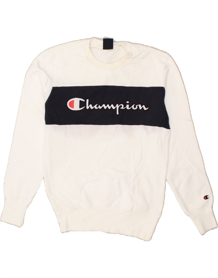 CHAMPION Mens Graphic Sweatshirt Jumper Small White Colourblock Cotton Vintage Champion and Second-Hand Champion from Messina Hembry 