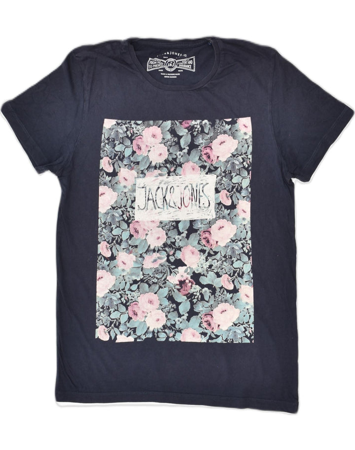 JACK & JONES Mens Graphic T-Shirt Top Medium Navy Blue Floral Cotton | Vintage | Thrift | Second-Hand | Used Clothing | Messina Hembry 